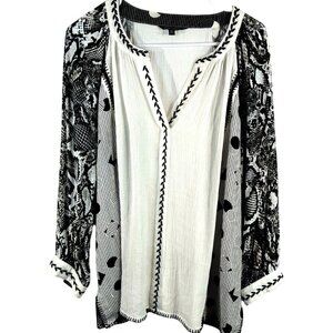 John Mark Geometric Embroidered Black White Lace Boho Blouse Flounce Sleeve M